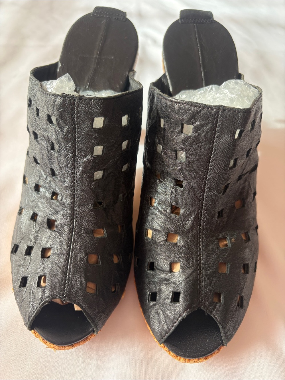 Black Cutout Leather Peep-Toe Mule Clogs